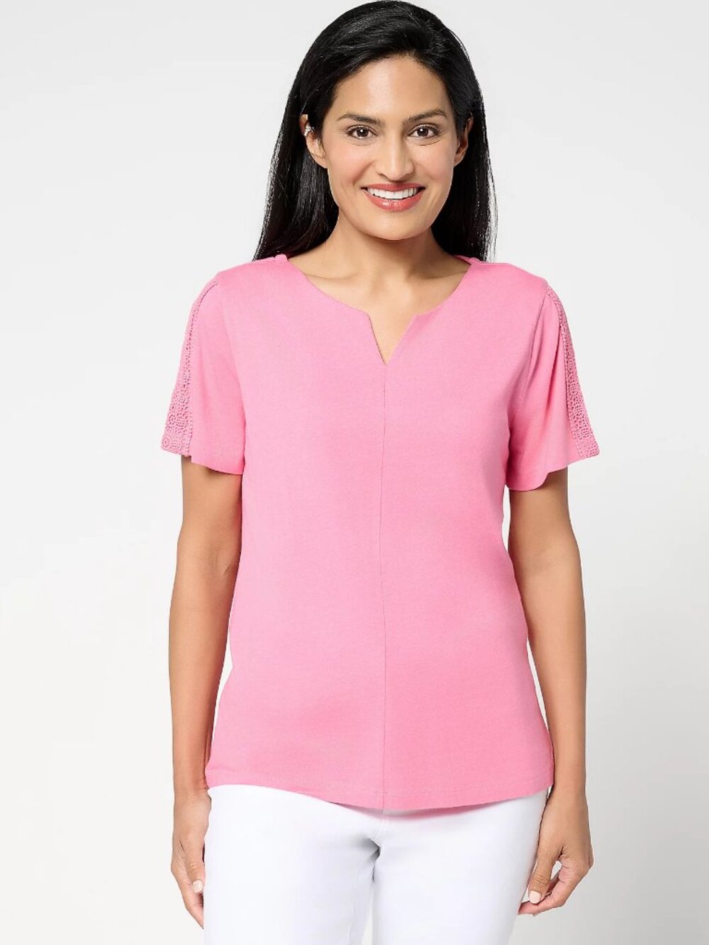 BEAUTIFUL by Lawrence Zarian Short Slv Knit Top w/Lace Detail, Rose Sz M a693059